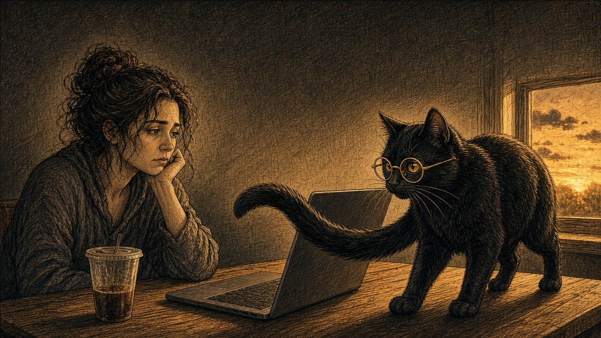 O Gato do Sartre deita no teclado do notebook ao entardecer