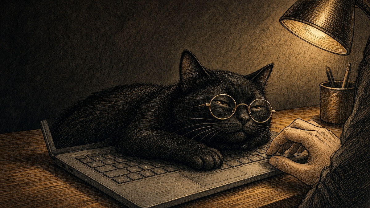 O gato de óculos dormindo sobre o teclado