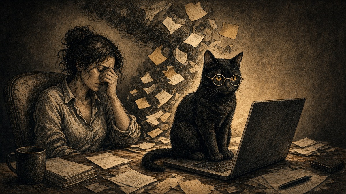 O gato entre papéis espalhados de uma pessoa exausta