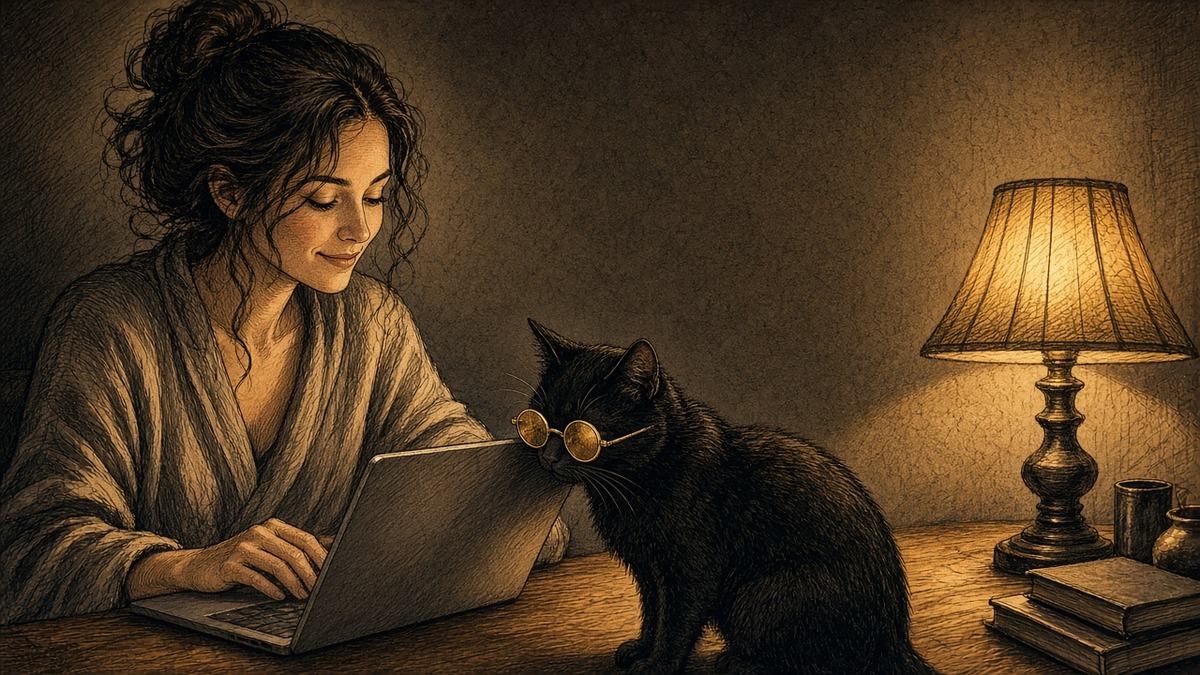 Mulher sorri diante do notebook com o gato ao lado