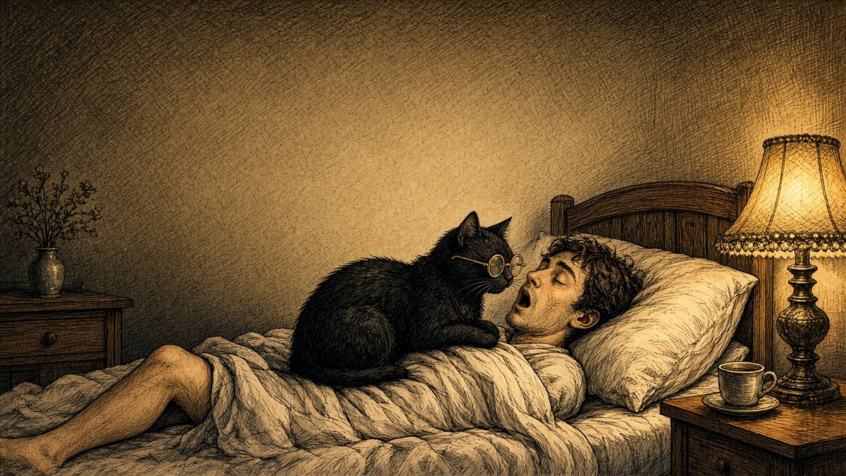 O Gato do Sartre sentado no peito do tutor às 4h da manhã
