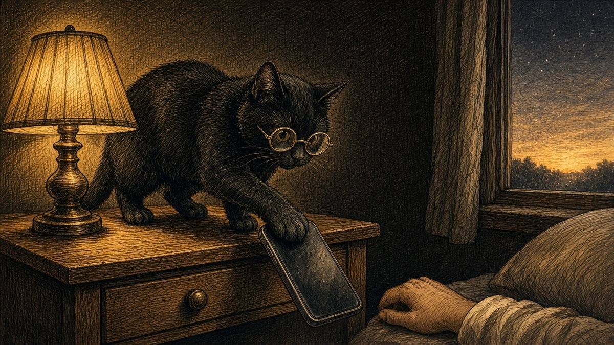 O gato encara o tutor no escuro
