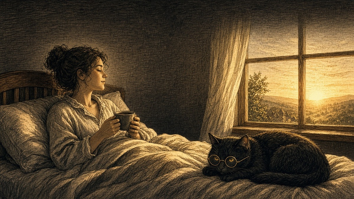 O gato dorme aos pés do tutor ao amanhecer