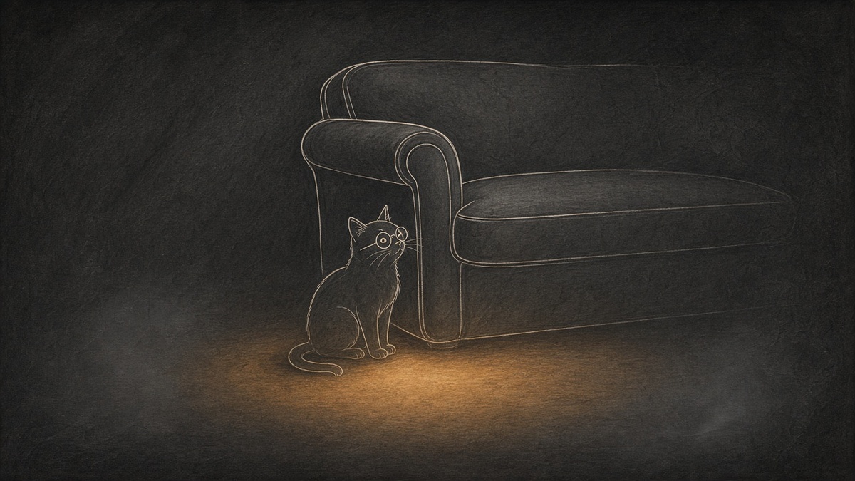 O gato sentado diante do sofá novo, olhando para ele com interesse