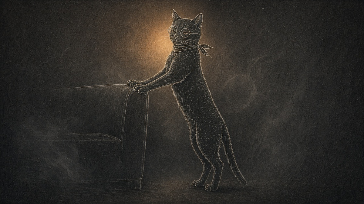 O gato esticado, com as unhas cravadas no braço do sofá, olhando para trás com ar blasé