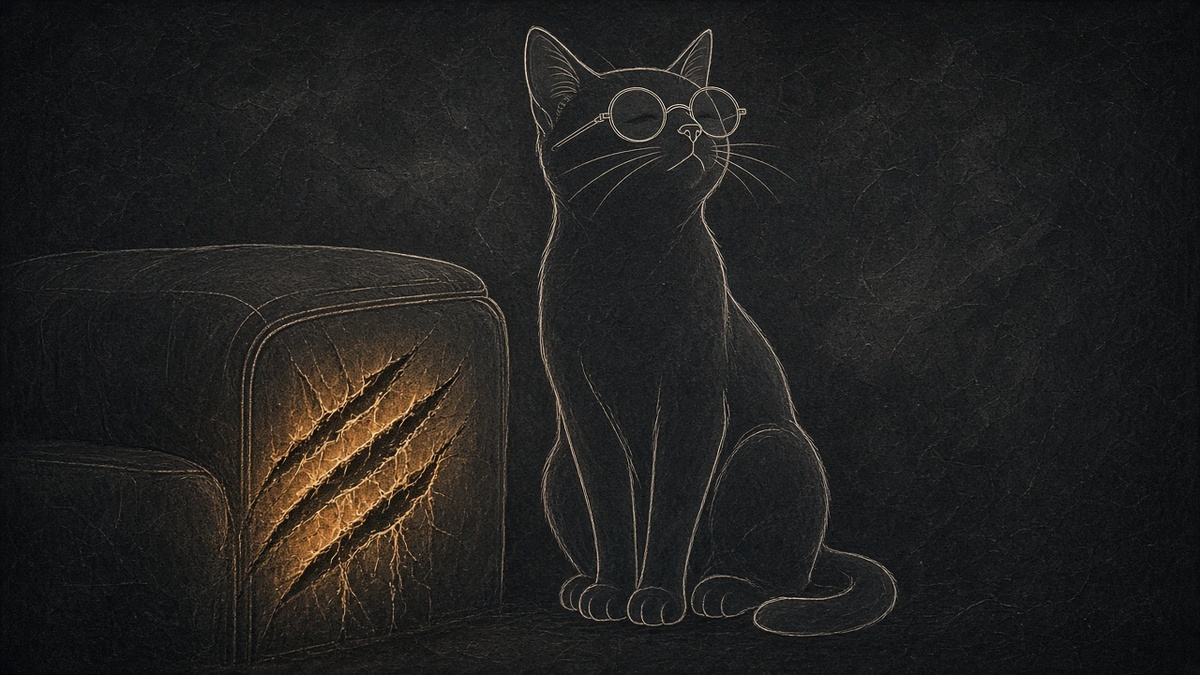 O braço do sofá com marcas e fiapos, e o gato sentado ao lado, orgulhoso, como quem assina a obra