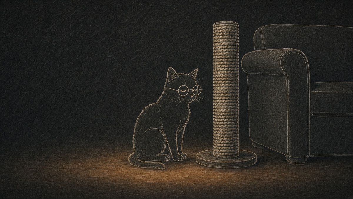 Um arranhador alto ao lado do sofá, e o gato analisando o arranhador com desconfiança