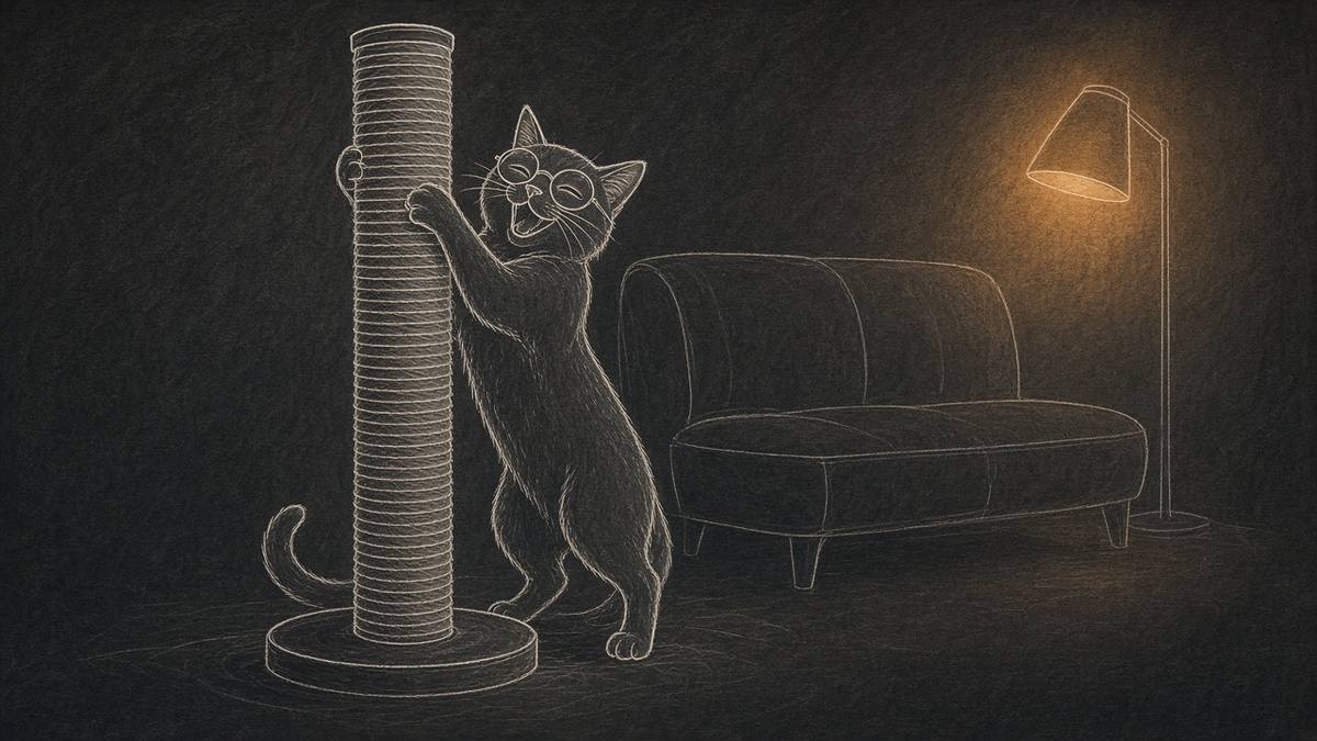 O gato arranhando o arranhador com satisfação, com o sofá intacto ao fundo, sob uma luz quente