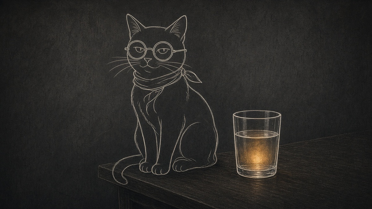 O gato sentado na mesa, ao lado de um copo de água iluminado, olhando para frente