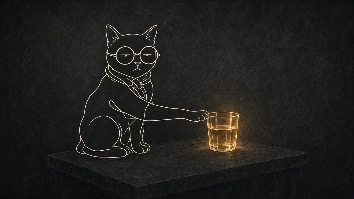 O gato esticando a pata e encostando no copo, com ar calmo e decidido