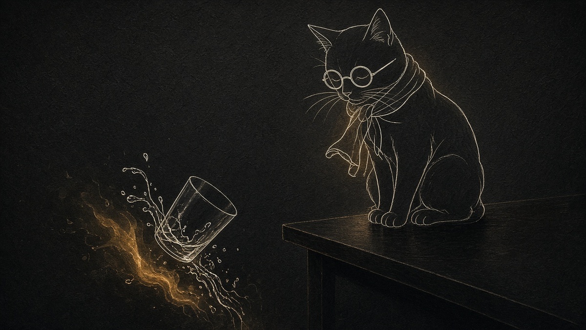 O copo caindo da mesa, a água espirrando no ar, e o gato observando lá de cima