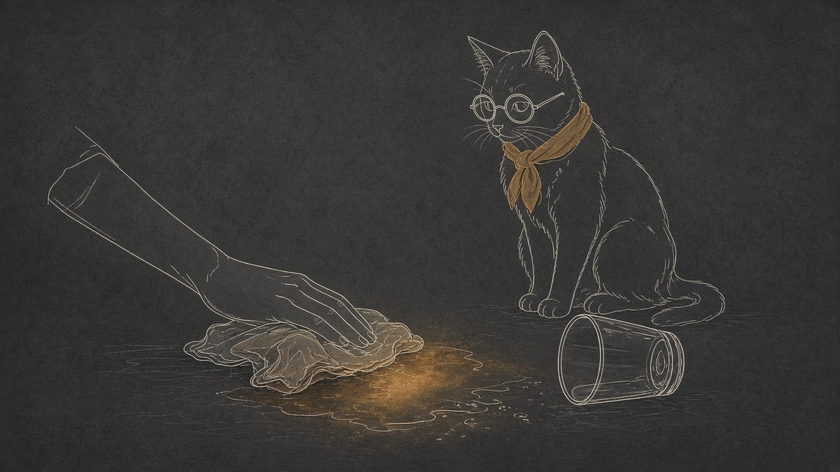 Uma mão limpando a água com um pano, com calma, e o gato sentado ao lado olhando o copo tombado