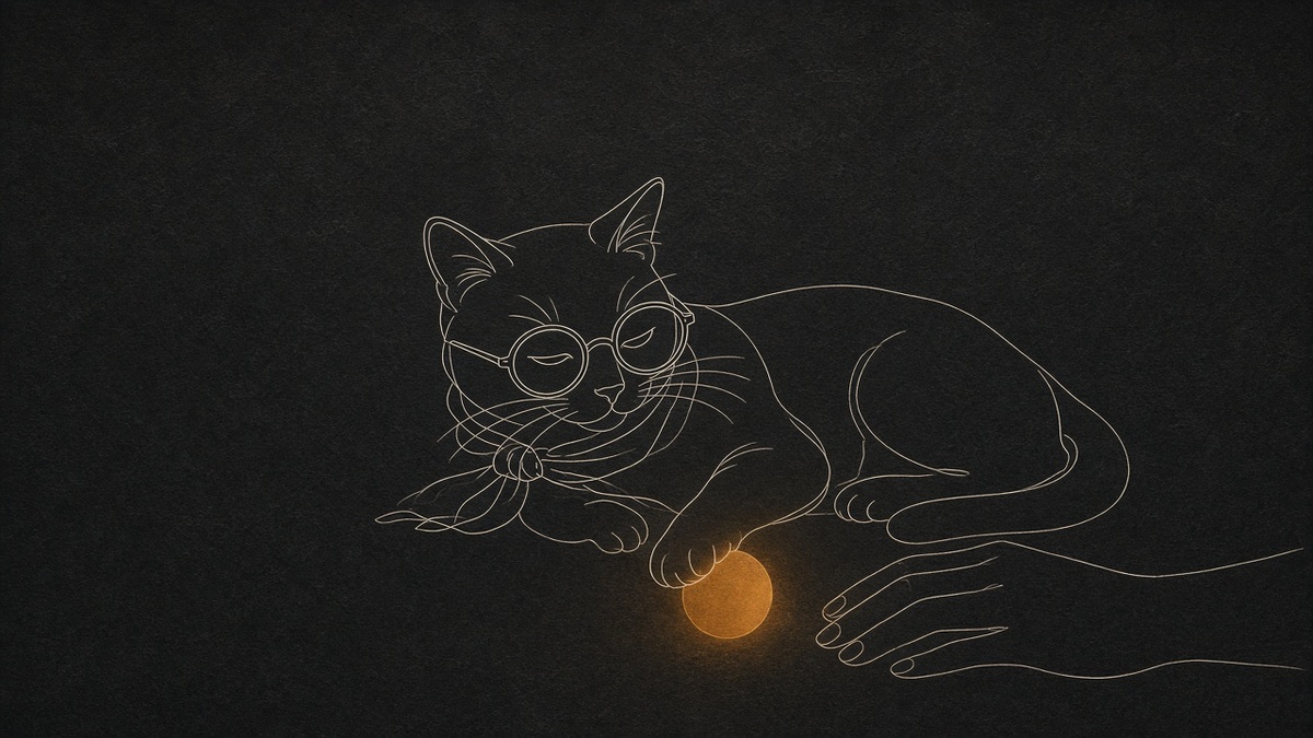 O gato deitado, tranquilo, brincando com uma bolinha dourada, e uma mão perto dele em gesto de carinho