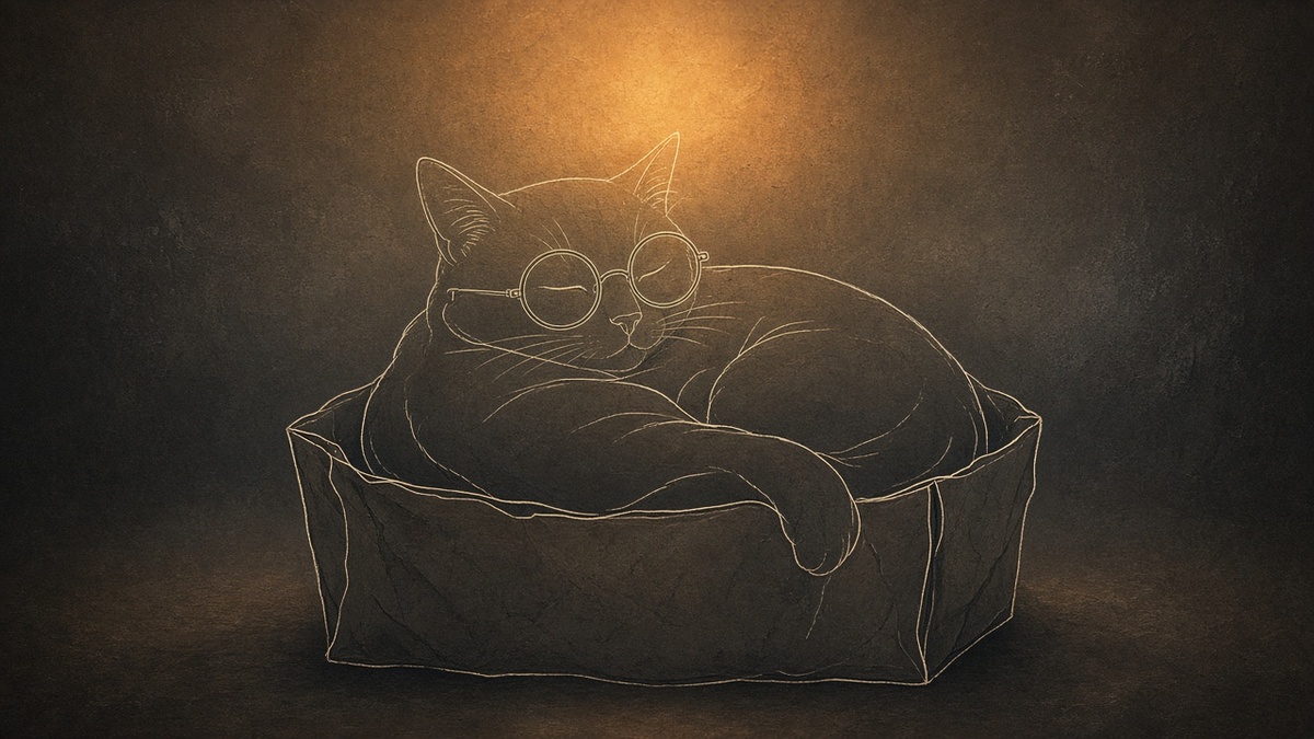 O gato dentro da caixa, de olhos fechados, satisfeito, sob uma luz quente