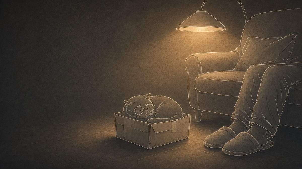 O gato dormindo tranquilo na caixa, ao pé da poltrona, ao lado dos pés de chinelo do tutor, sob a luz de um abajur