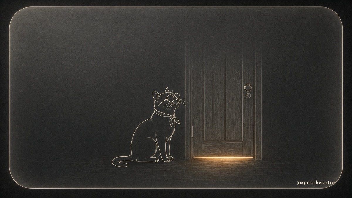 Gato em line art com óculos redondos de Sartre e lenço no pescoço, sentado diante de uma porta fechada e olhando para cima, com uma fresta de luz ocre por baixo dela, dentro de uma moldura de vidro fosco