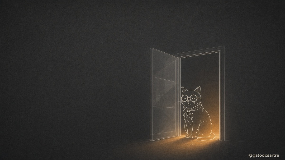 Porta entreaberta com luz ocre saindo do cômodo e o gato de óculos e lenço sentado exatamente na soleira, com olhar entediado