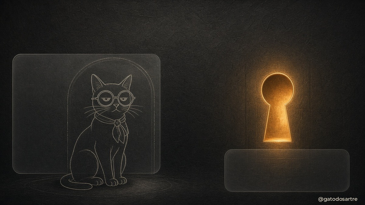 O gato de óculos e lenço num painel de vidro fosco à esquerda, encarando o leitor com olhar julgador, e uma fechadura gigante iluminada em ocre à direita