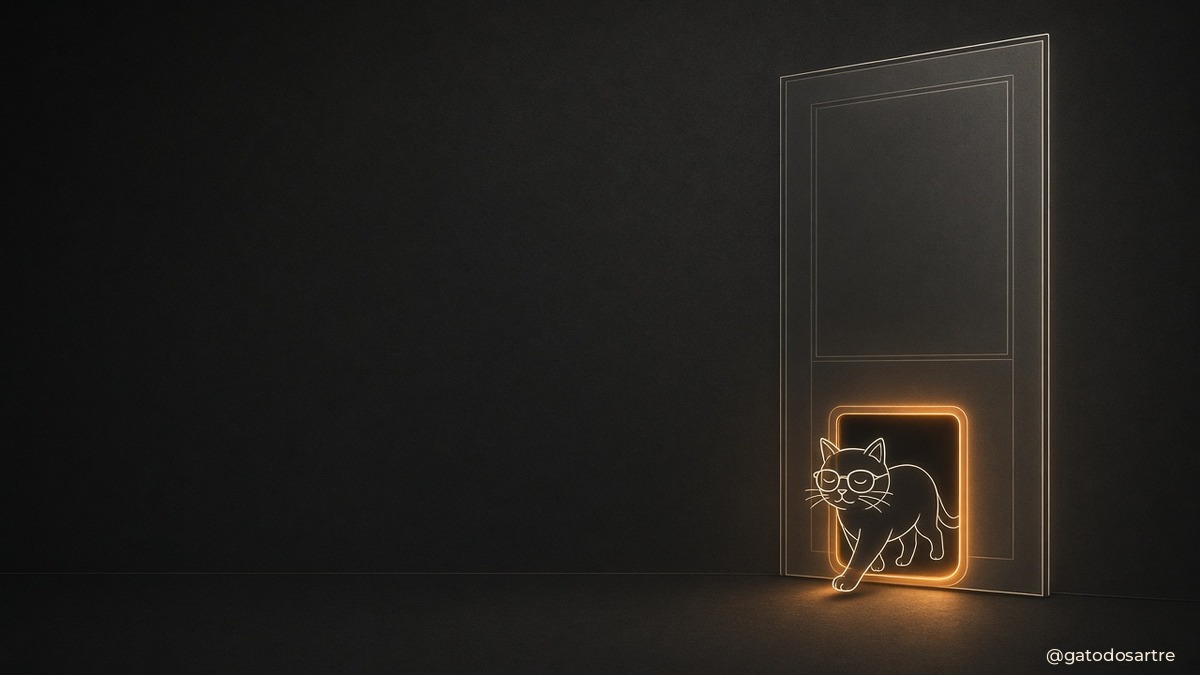 O gato de óculos atravessando com serenidade uma portinha pet iluminada em ocre na parte de baixo da porta, de olhos semicerrados