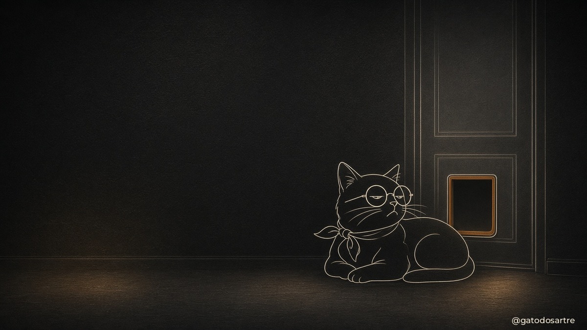 O gato de óculos e lenço deitado em pose de pãozinho ao lado de uma porta com portinha pet em ocre, ignorando-a com total desdém