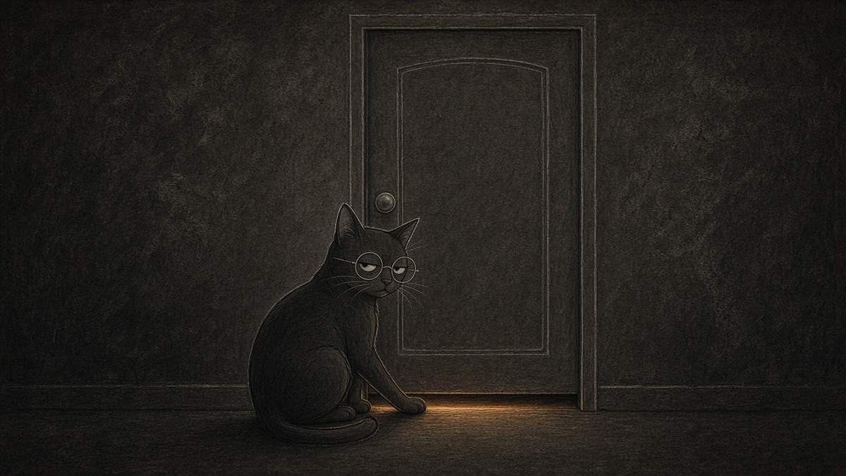 O gato diante da porta fechada do banheiro, com a pata por baixo da fresta de luz