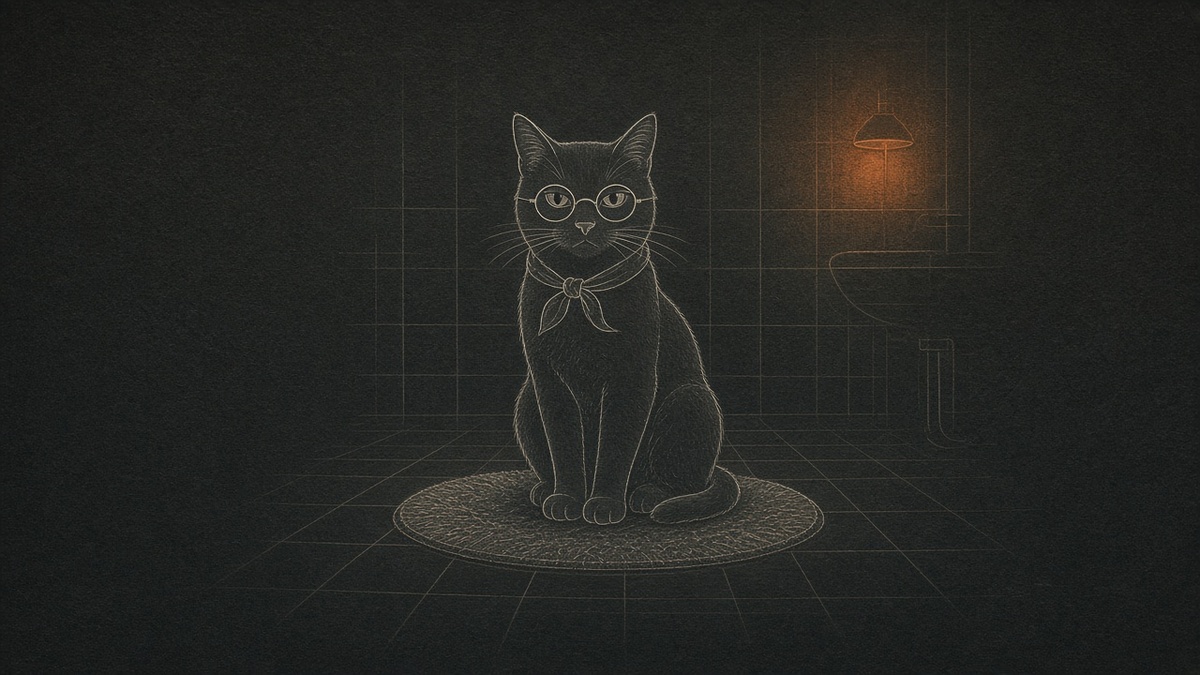 O gato sentado no tapete do banheiro, encarando o leitor com expressão blasé