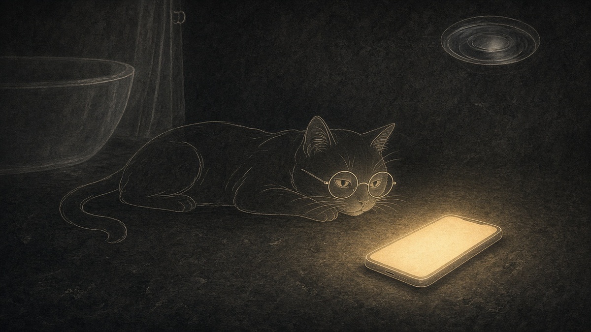 O gato no chão do banheiro ao lado de um celular aceso, os dois "se encarando"