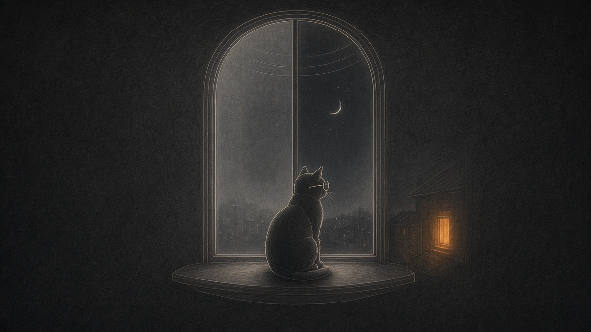 O gato sozinho na janela à noite, calmo, numa solidão escolhida